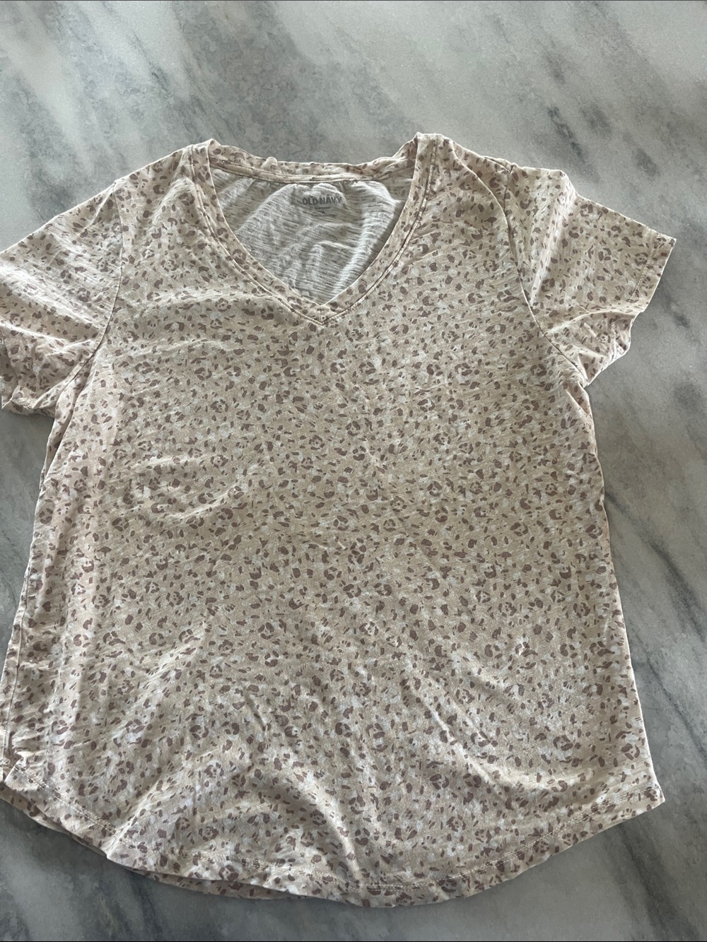 Old Navy Light Beige Short Sleeve V-Neck Top with Subtle Floral Print